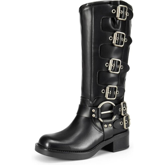 Women's Knee High Riding Boots Side Zipper Motorcycle Boots Square Toe Chunky He